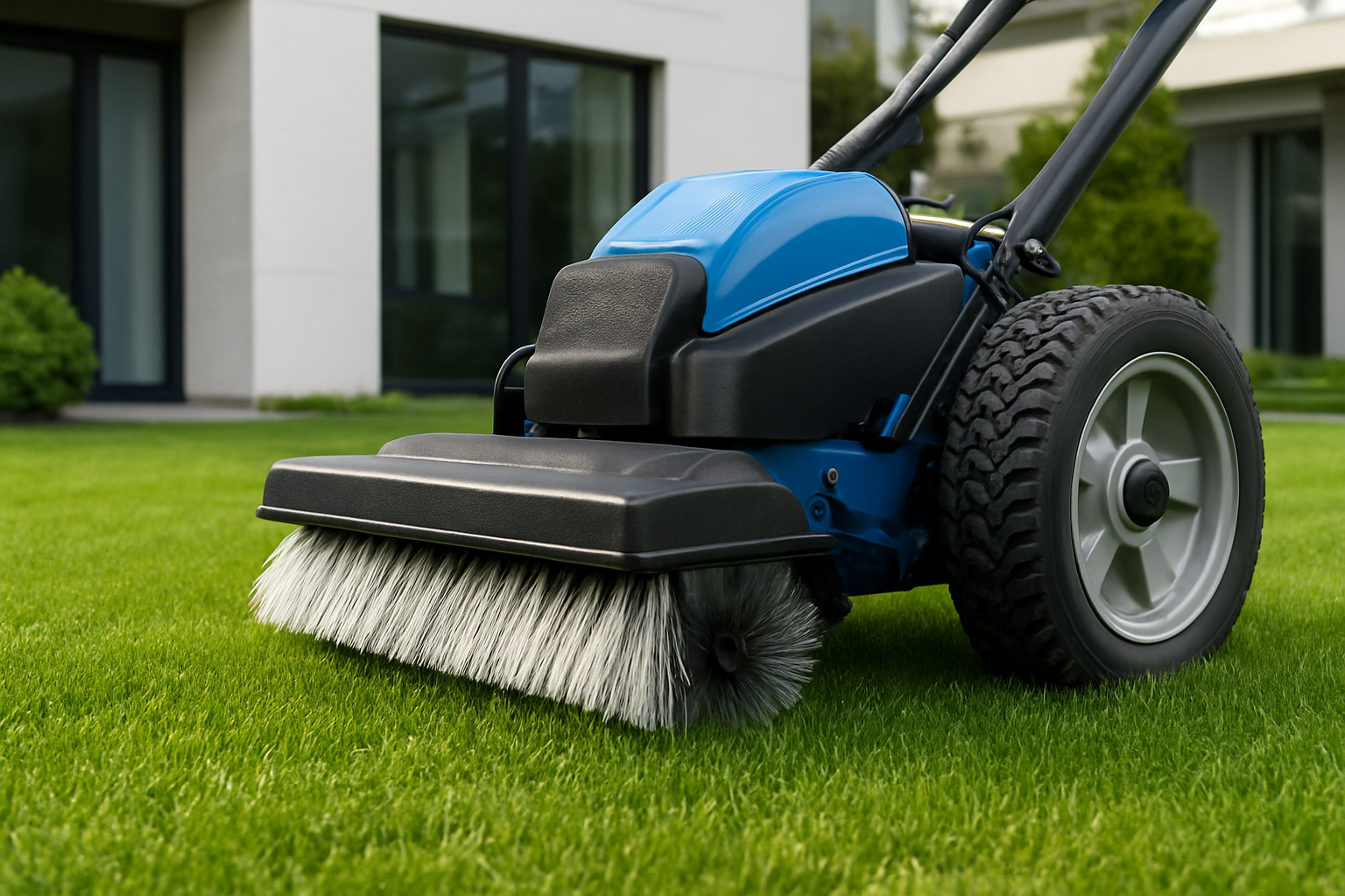 A close-up view of a turf cleaning machine on a well-maintained lawn.