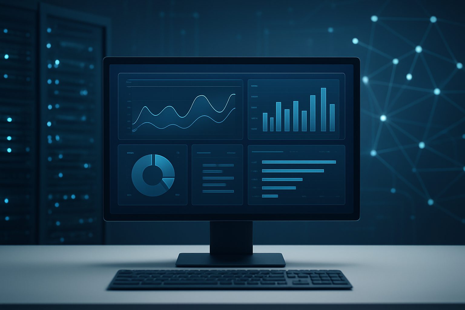 A dark-themed computer monitor displaying various technical data and analytics graphs against a blurred background of se