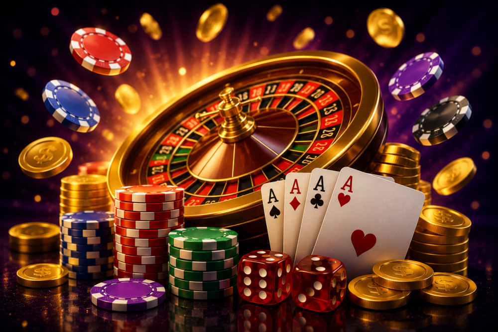 A visually appealing arrangement of poker chips, dice, cards, and a roulette wheel, symbolizing casino gaming.