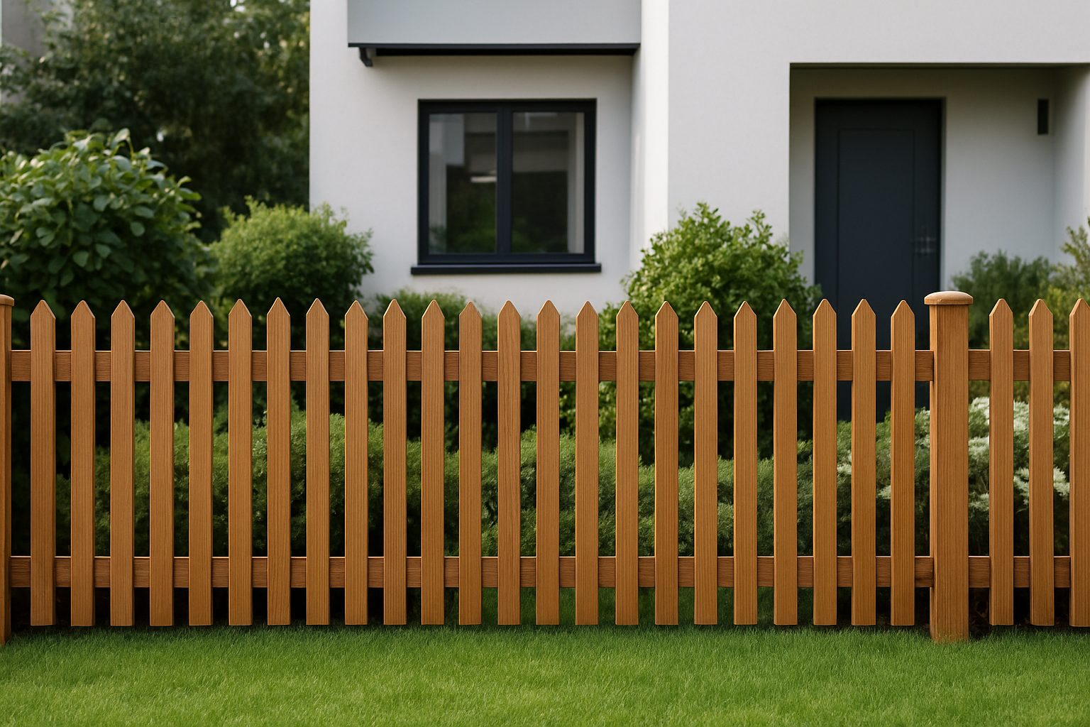A well-maintained traditional wooden picket fence in a lush garden setting
